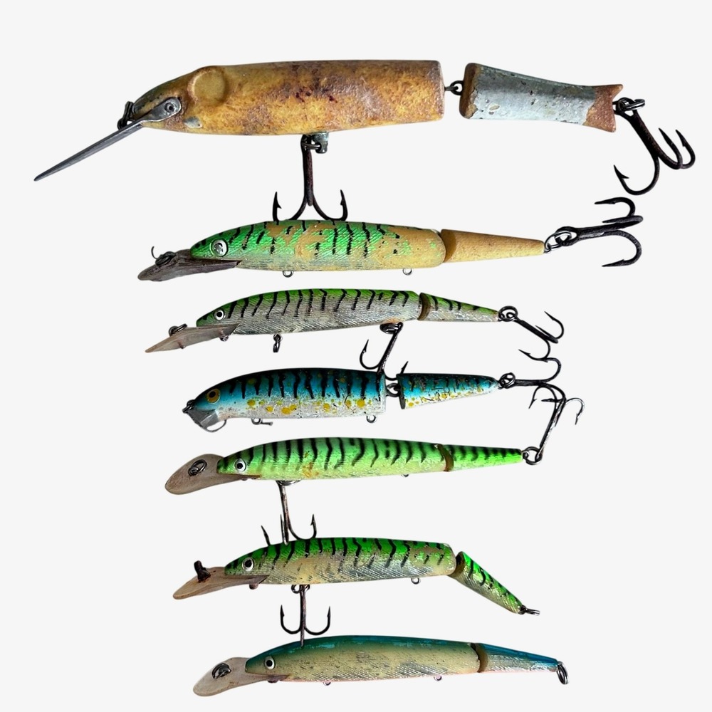 Vintage Wooden Jointed Fishing Lures Lot Hand Painted Mackerel Tiger Stripe 7pc